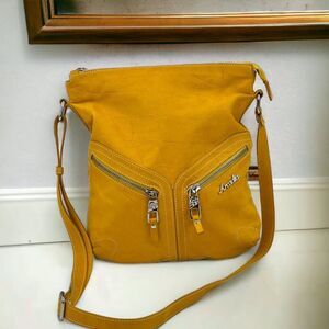 ARCADIA Yellow Italian Leather Suede Square Embossed Crossbody Bag